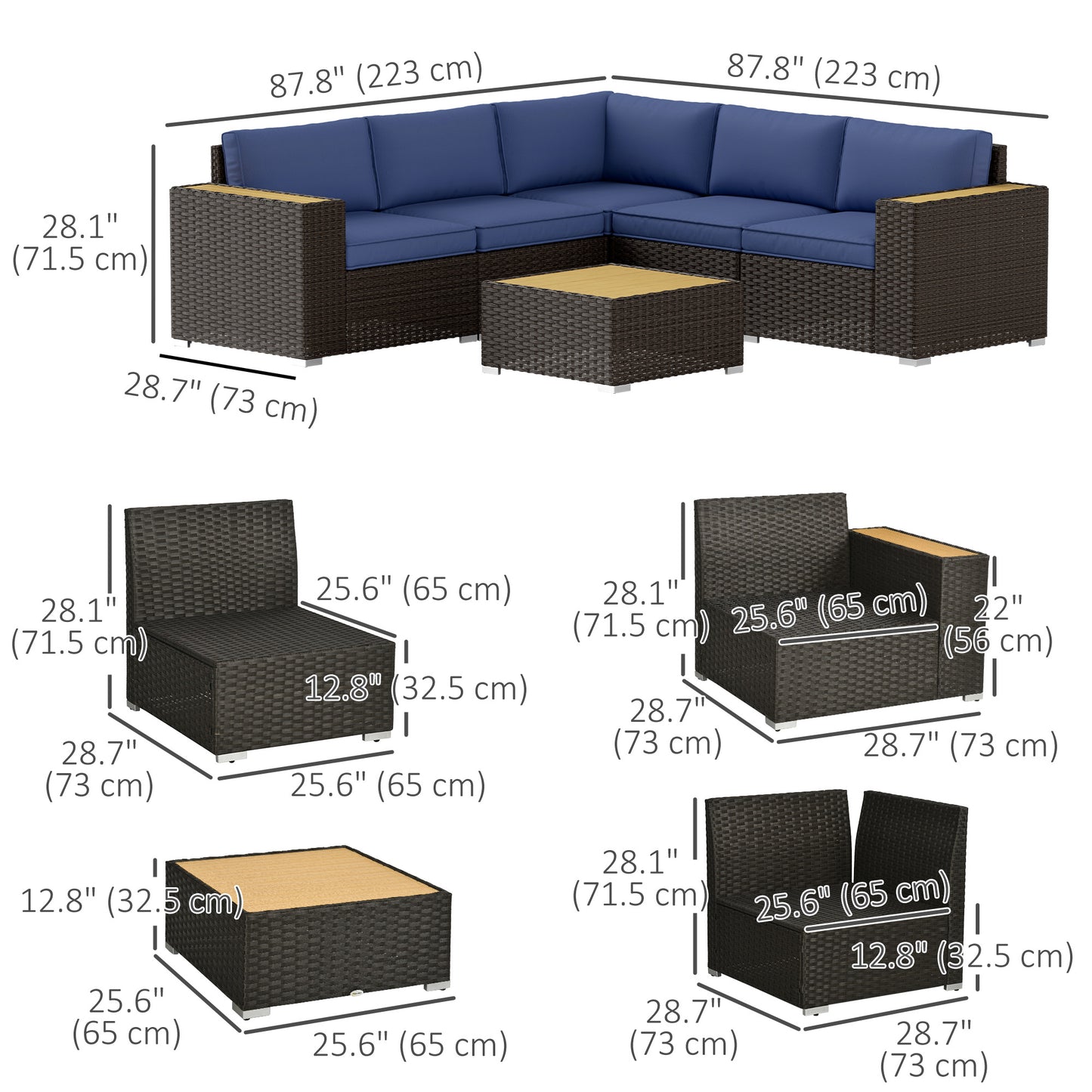 Ensemble de meubles de jardin 6 pièces avec canapé d'angle, table basse en bois et plastique, bleu marine
