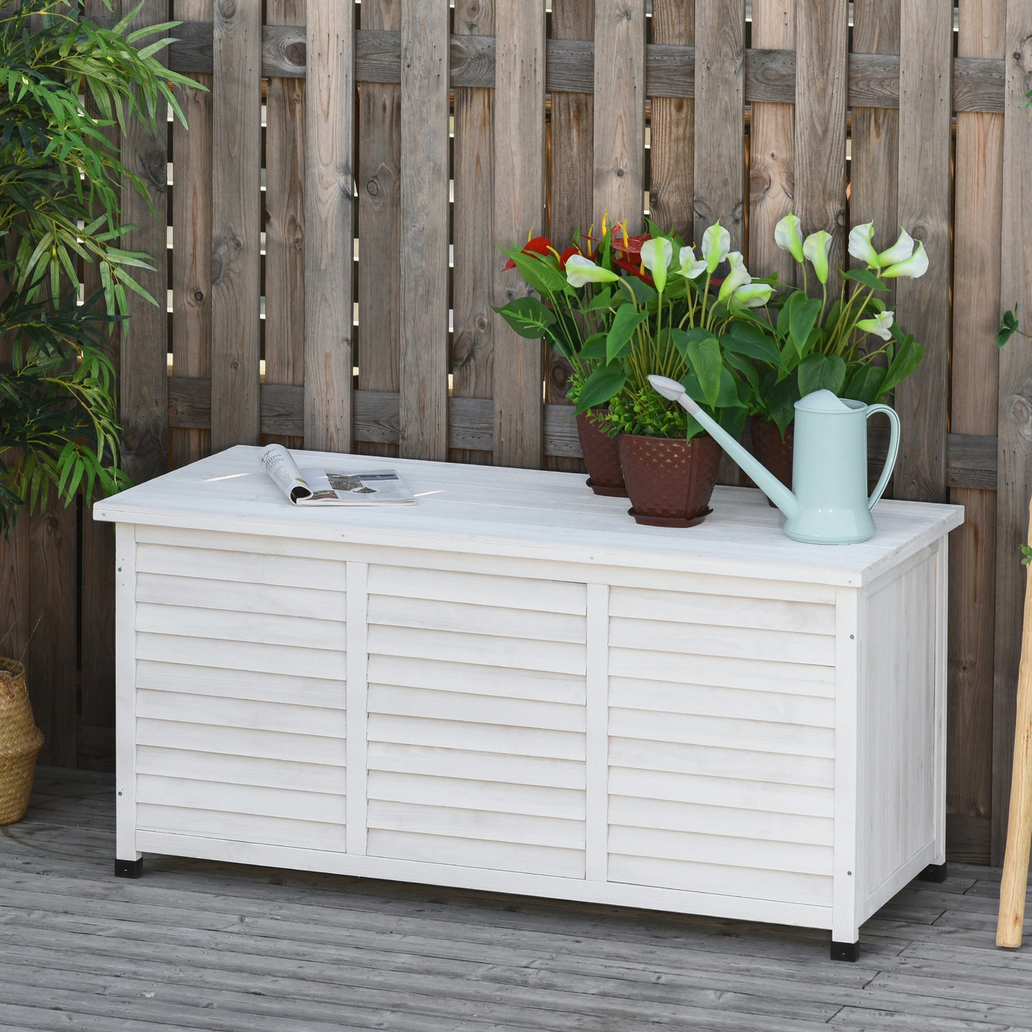Coffre de rangement en bois Outsunny de 75 gallons pour terrasse, banc, jardin, arrière-cour, extérieur, avec fente d'aération et finition résistante aux intempéries, blanc