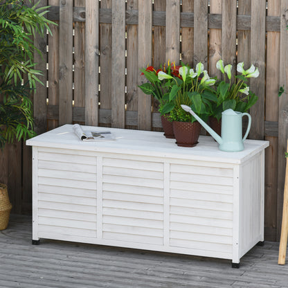 Coffre de rangement en bois Outsunny de 75 gallons pour terrasse, banc, jardin, arrière-cour, extérieur, avec fente d'aération et finition résistante aux intempéries, blanc