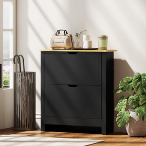 Shoe cabinet with 2 tilt-out drawers and adjustable shelves for 8 to 12 pairs of shoes, black