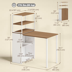 Folding Computer Desk with 4-Tier Bookshelf Space-Saving Home Office Desk, Natural