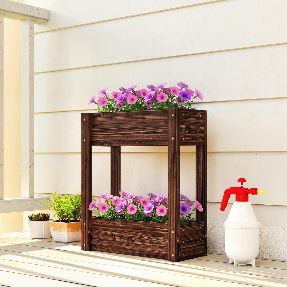 Jardinière surélevée en bois à 2 niveaux avec pieds, 60 x 25 x 70 cm, avec trous de drainage et doublure de lit.