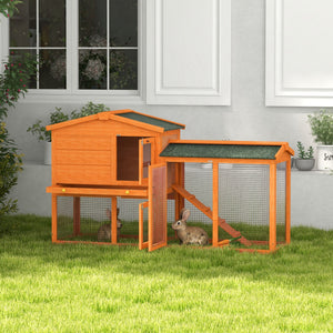 Two-tier rabbit hutch with run and water/UV-resistant roof