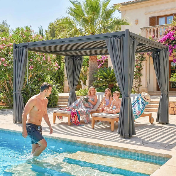 Pergola à lames orientables 10 x 13, toit en acier et rideaux,  gouttières de drainage, grise