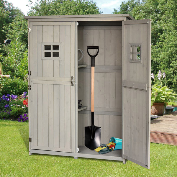 Rangement en bois avec fenêtres et double porte, gris