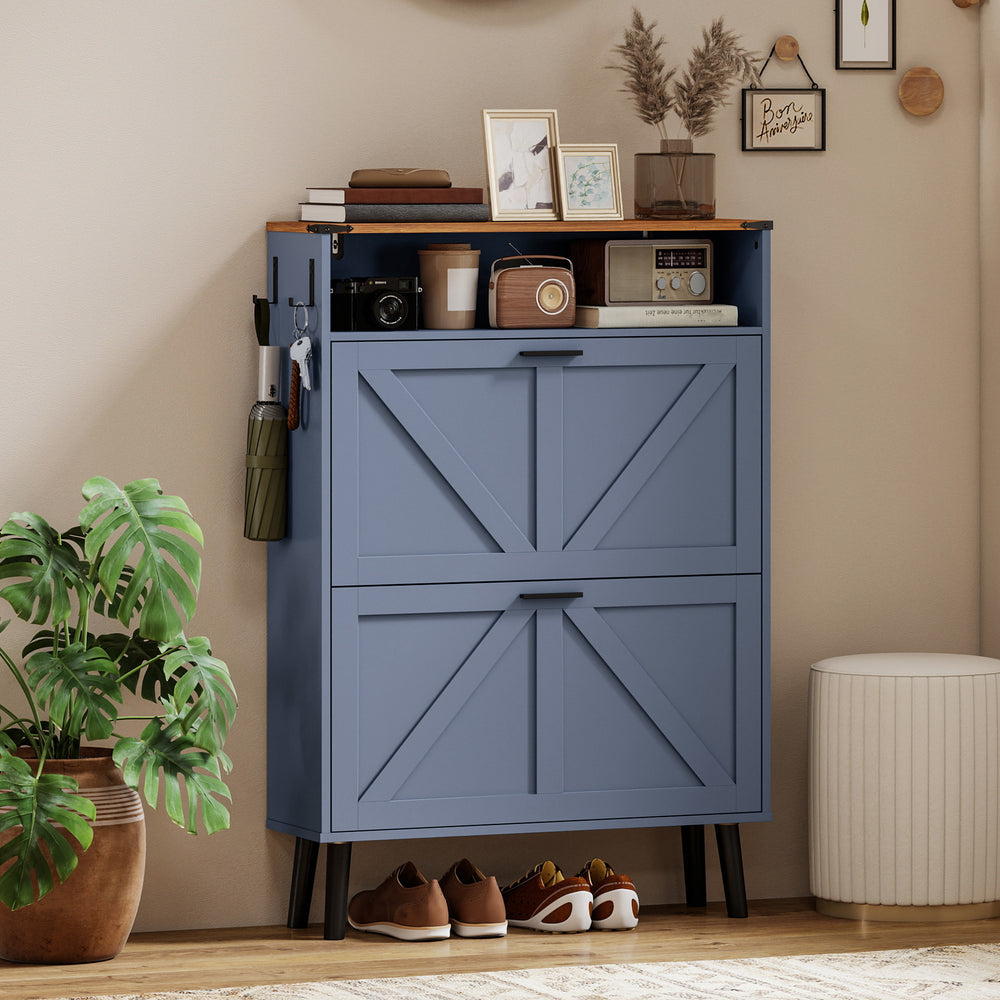 Meuble à chaussures avec 2 tiroirs rabattables, style campagnard, étroit, peut contenir jusqu'à 16 paires, bleu
