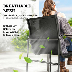 Ensemble de salle à manger d'extérieur 7 pièces pour 6 personnes, table en verre et chaises avec accoudoirs décoratifs, toile en maille résistante aux intempéries, noir