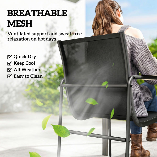 Ensemble de salle à manger d'extérieur 7 pièces pour 6 personnes, table en verre et chaises avec accoudoirs décoratifs, toile en maille résistante aux intempéries, noir