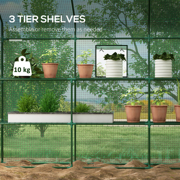 Three-tier garden greenhouse with roll-up door and screened windows, green
