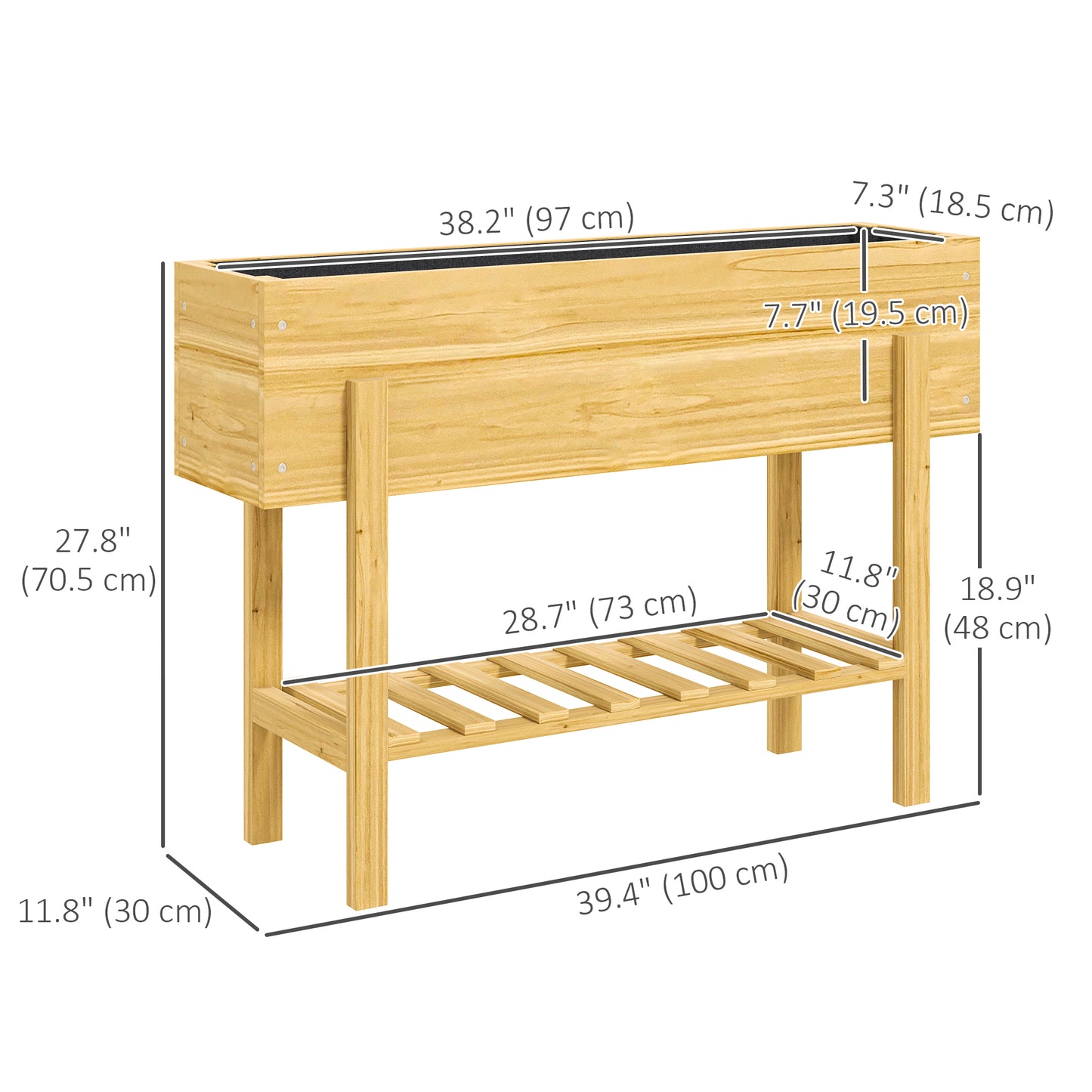Outsunny Raised Bed with Legs, Raised Planter with Storage Shelf, Garden Deck Covering, Natural Wood