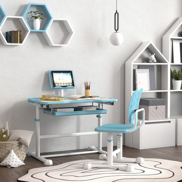 Ensemble bureau et chaise pour enfants à hauteur réglable avec plateau inclinable, bleu