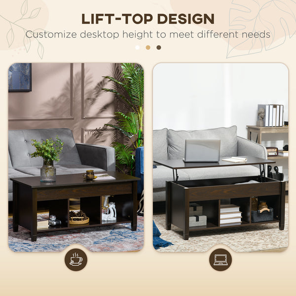 Table basse relevable avec compartiment de rangement dissimulé, 3 étagères inférieures, expresso