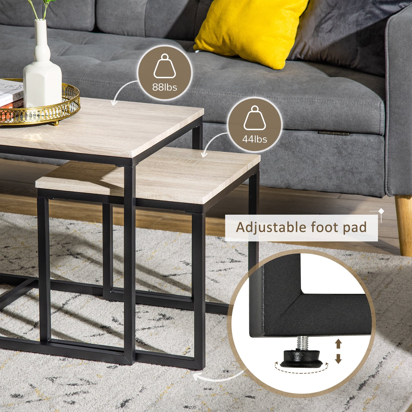 Lot de 3 tables d'appoint modernes avec cadre en métal noir pour salon, naturel