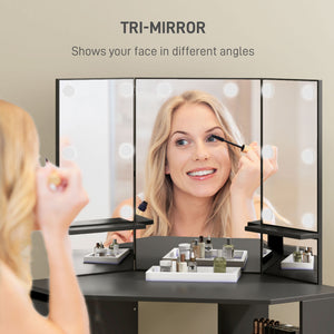 Coiffeuse avec miroir à 3 panneaux et 10 lumières LED, noire