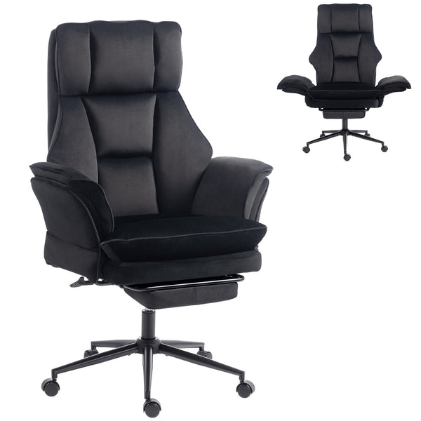 Chaise de bureau inclinable en velours avec repose-pieds et accoudoirs relevables, noir