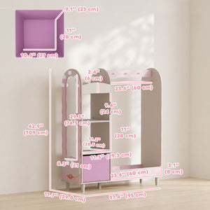 Qaba Kids Clothing Rack, Kids Wardrobe with Light-Up Mirror, Non-Woven Drawer and Shelves for Bedroom, Ages 3-8, Pink