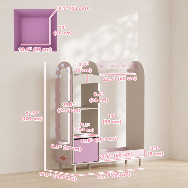Qaba Kids Clothing Rack, Kids Wardrobe with Light-Up Mirror, Non-Woven Drawer and Shelves for Bedroom, Ages 3-8, Pink