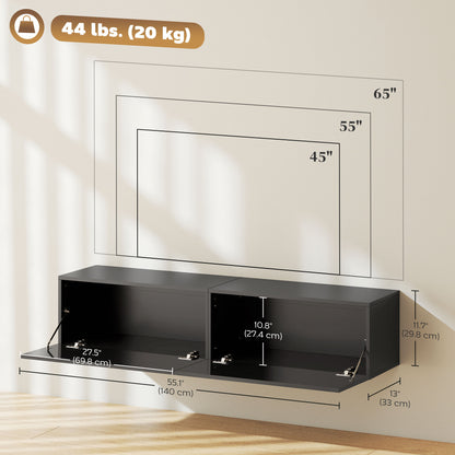 Meuble TV mural avec rangements pour téléviseurs 45, 55 et 65 pouces, noir