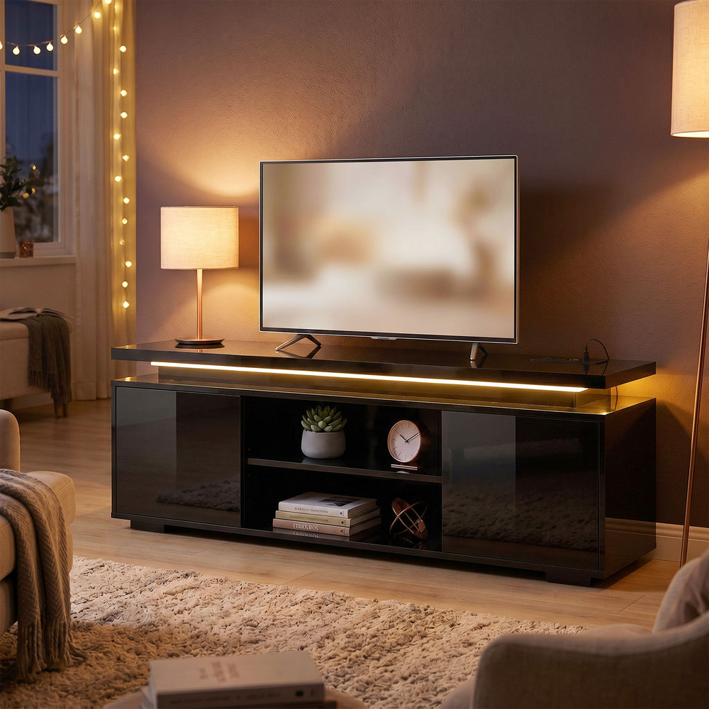 Meuble pour téléviseurs jusqu'à 60 pouces avec éclairage LED et prises électriques, noir brillant