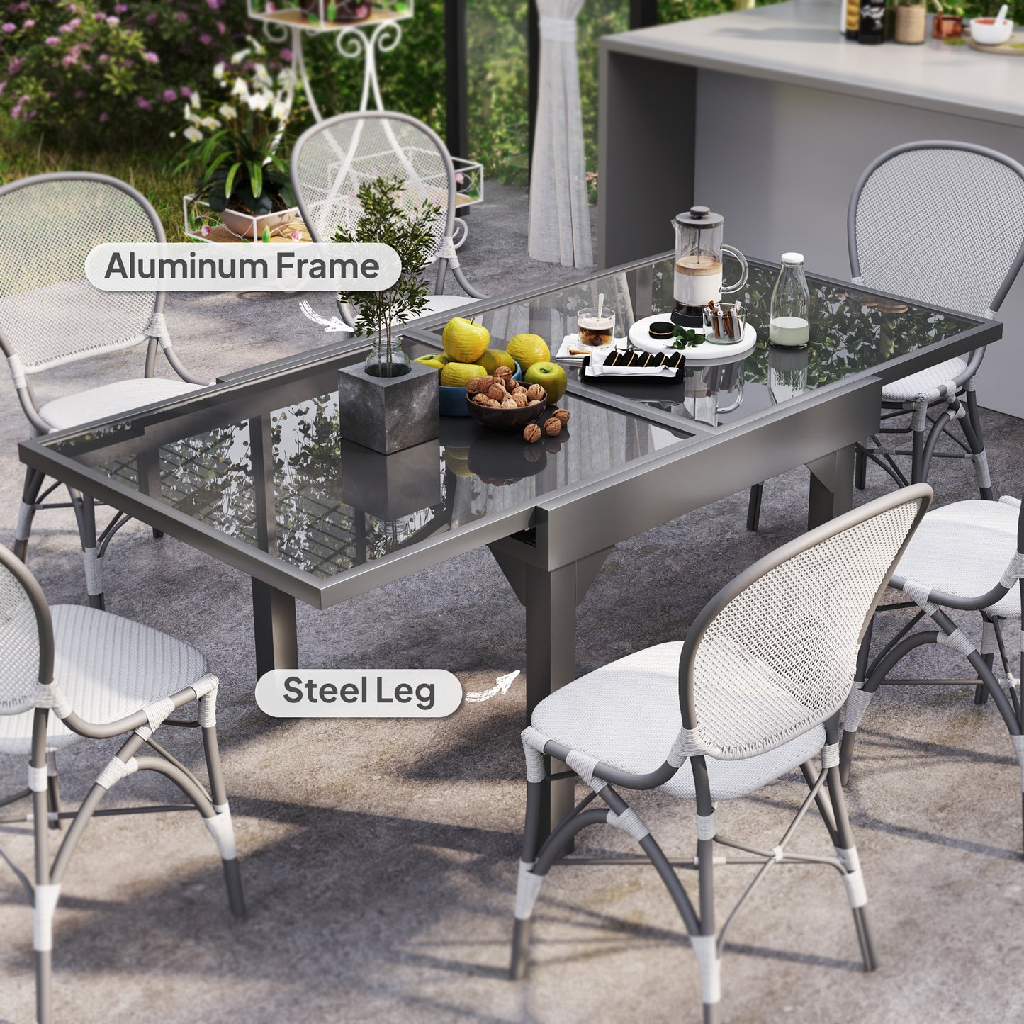 Outsunny 89-180cm Extendable Outdoor Table with Tempered Glass Top and Metal Frame, Seats 4-6 People, for Lawn, Garden and Backyard.