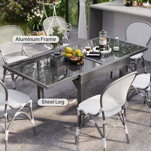 Table d'extérieur extensible avec plateau en verre trempé et structure en métal, pour 4 à 6 personnes