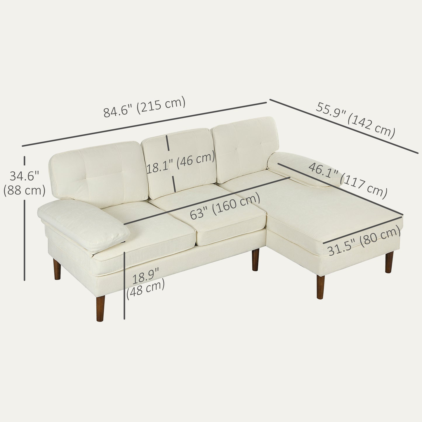 Canapé d'angle moderne avec méridienne droite, canapé 3 places capitonné avec pieds en bois, blanc crème