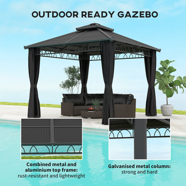 9' x 10' Outdoor Hardtop Gazebo Canopy w/ Double PC Roof, Steel Frame, Nettings, Curtains for Garden Lawn Deck, Black