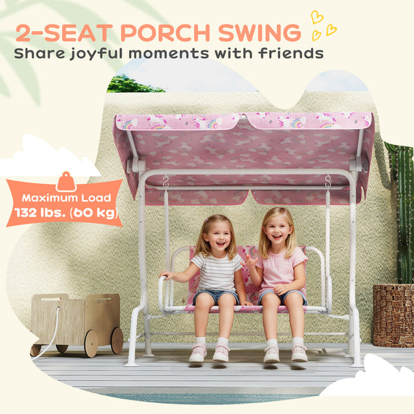 Qaba Kids Porch Swing, 2-Seater Patio Swing Bench with Safety Belts, Adjustable Canopy for Backyard, Garden, Pink