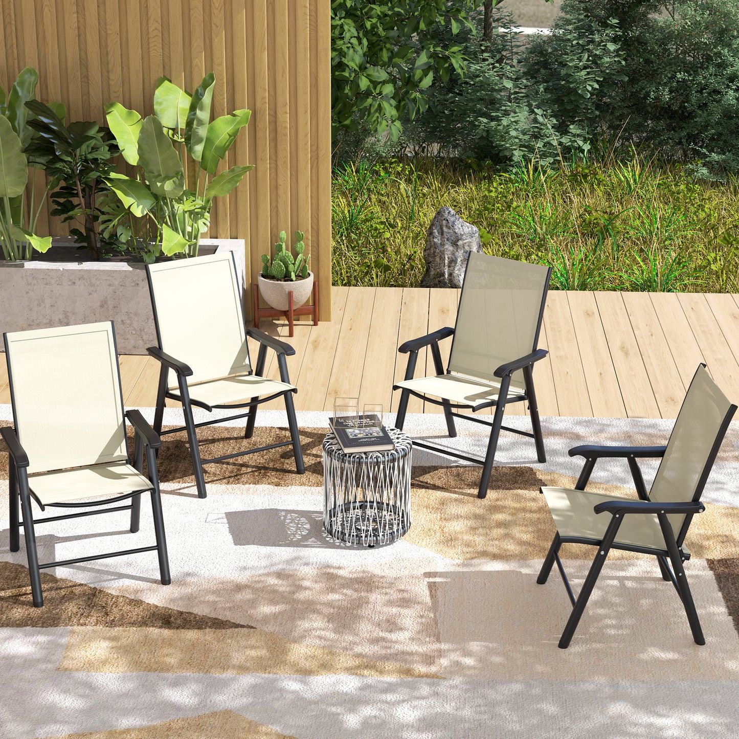 Ensemble de 4 chaises pliantes d'extérieur confortable avec accoudoirs, beige