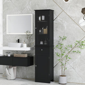 Armoire de salle de bain haute avec tiroirs, 2 portes et étagères réglables, noir