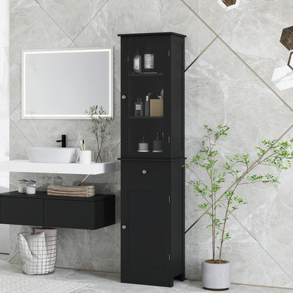 Armoire de salle de bain haute avec tiroirs, 2 portes et étagères réglables, noir