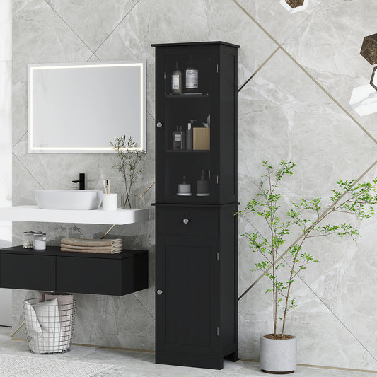 Armoire de salle de bain haute avec tiroirs, 2 portes et étagères réglables, noir