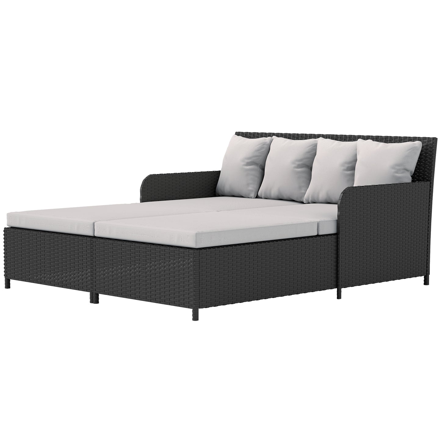 Outsunny Outdoor Rattan Sun Lounger Loveseat with Soft Cushions, 4 Pillows, Curved Backrest and Armrests, Light Grey