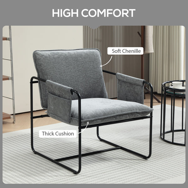 Fauteuil avec poches latérales et structure en acier, gris