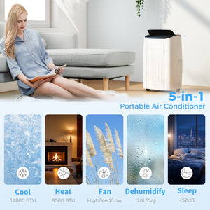 12,000 BTU 5-in-1 Portable Air Conditioner with Cooling, Heating, Dehumidifying, Fan, Sleep Mode, Wi-Fi Voice Control, White