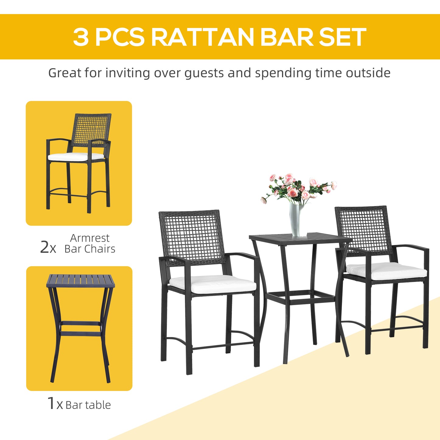 Ensemble de bar d'extérieur 3 pièces en osier, table de bar et chaises hautes de style rotin avec coussins, blanc crème