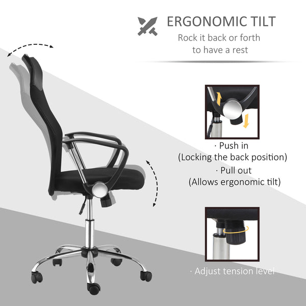 Chaise de bureau en maille, dossier haut, pivotante, hauteur réglable, roulettes, noire