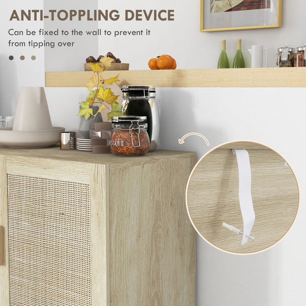 Bohemian sideboard with 3 rattan doors and adjustable shelves, natural