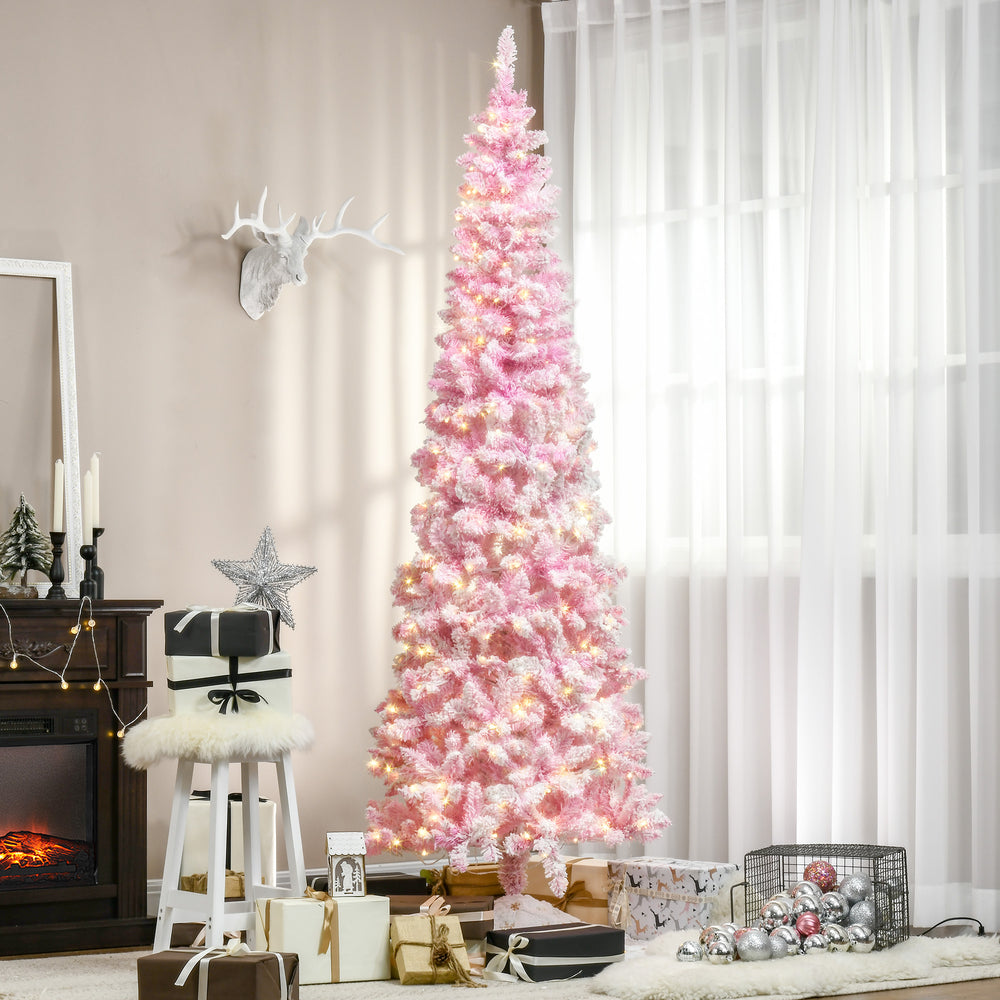 Sapin de Noël artificiel pré-éclairé de 7,5 pieds en forme de crayon rose et blanc