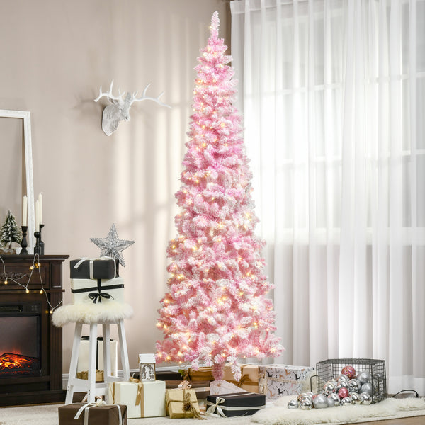 Sapin de Noël artificiel pré-éclairé de 7,5 pieds en forme de crayon rose et blanc
