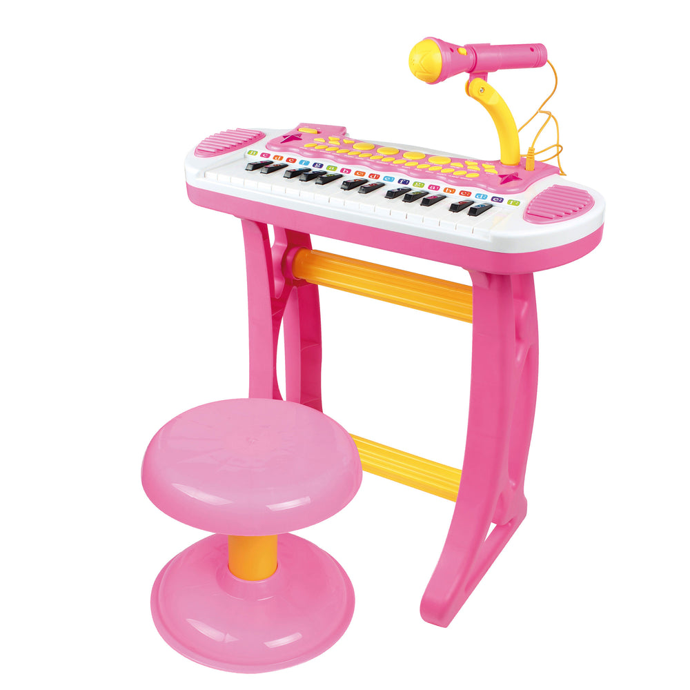 Piano-clavier avec tabouret, microphone fonctionnel et lampe de poche lumineuse, rose