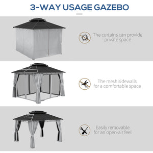 10' x 12' Outdoor Hardtop Gazebo Canopy w/ Double PC Roof, Steel Frame, Nettings, Curtains for Garden Lawn Deck, Grey