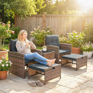 5 Piece Patio Furniture Set, Wicker Patio Chairs with Ottomans, 2-Tier Glass Coffee Table and Cushions, Brown/Dark Grey