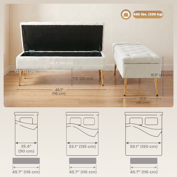 Banc de chambre capitonné avec pieds en métal doré et rembourrage épais, beige
