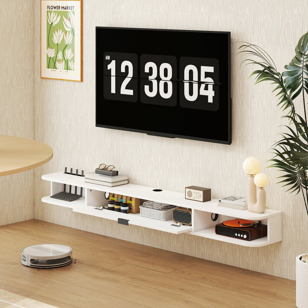 71" Floating Wall Mounted TV Stand with Drop-Down Drawer and 2 Open Shelves, White