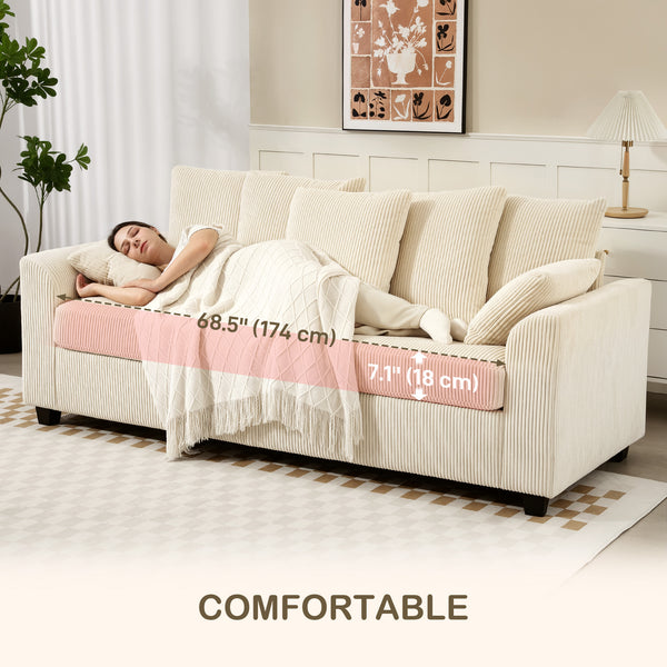 Canapé 3 places en velours côtelé avec accoudoirs incurvés et 8 coussins amovibles, beige