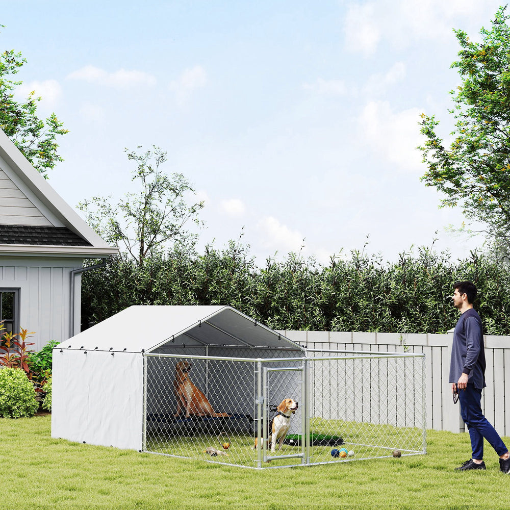 PawHut Galvanized Steel Dog Kennel Outdoor with Waterproof &amp; UV-Resistant Cover for Large Dogs, 13.1' x 7.5' x 4.9' |