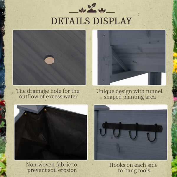 Support surélevé en bois pour plantes avec crochets, gris