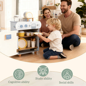 Lave-vaisselle en bois, évier avec robinet, boutons rotatifs et accessoires