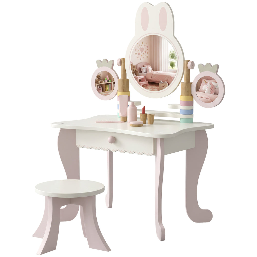 Coiffeuse pour enfants avec 3 miroirs et tabouret, rose